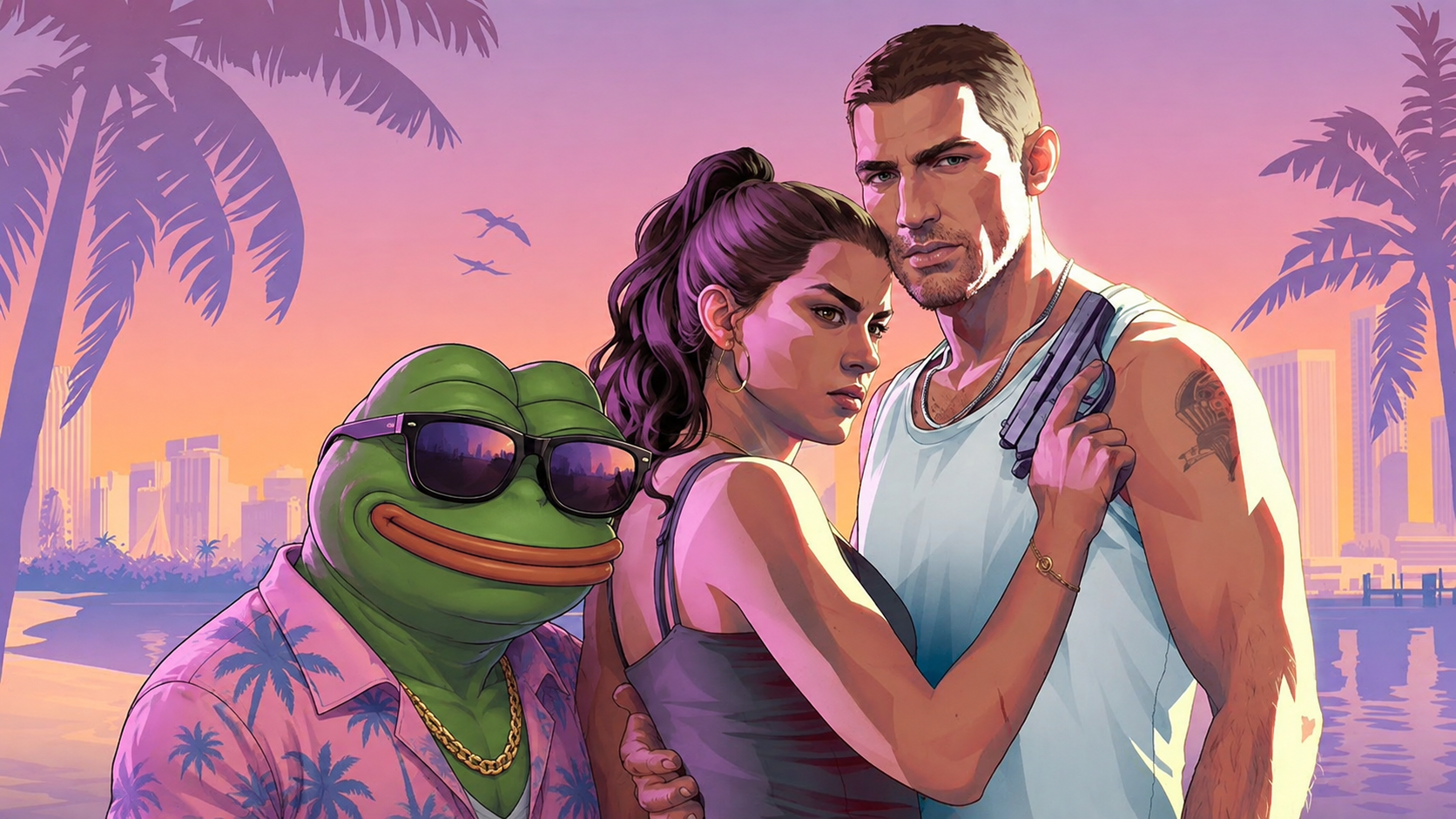 Miami Pepe posing on a neon beach